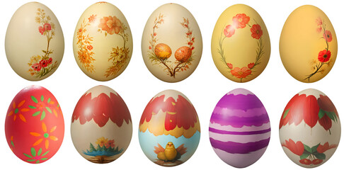 Collection of Easter egg with colorful floral / flower pattern painti, isolated on transparent background cutout - png - image compositing footage - alpha channel