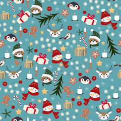 Vector Xmas seamless pattern with Christmas animals penguin, deer, bear, snowman, bird, star, snowflake, decorations, gingerbread man, lights, noel tree branch .