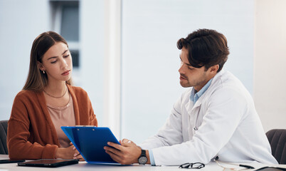 Doctor, woman and checklist document in consultation, healthcare advice and registration or clinic sign up. Medical worker with young patient in hospital office for charts, information or progress