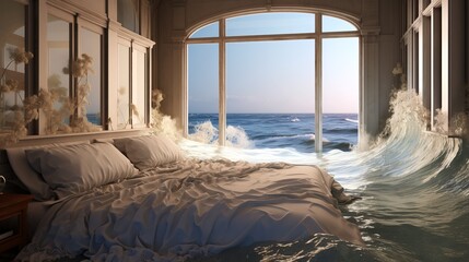 Ocean in the bedroom. Bed in the sea waves - obrazy, fototapety, plakaty