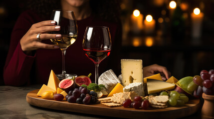 Woman tastes an assortment of cheeses with wine at a restaurant