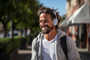 Obraz premium A mature man in a casual white T-shirt and sunglasses listens to music on headphones while walking down the street. Enjoying life