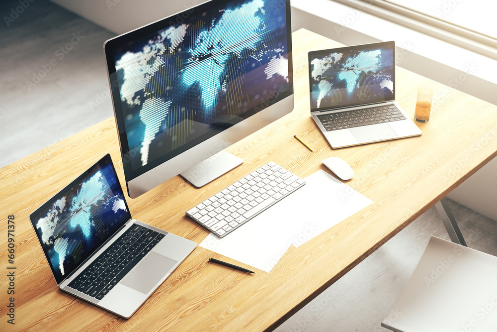 Leinwandbilder computer monitor with abstract creative digital world map, globalization concept. 3d rendering