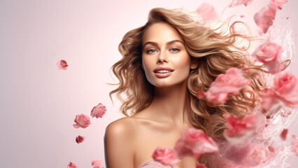 model with flowing hair and roses with copy space