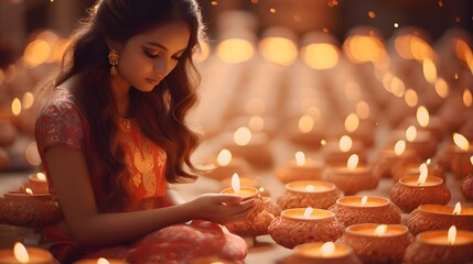 Obraz na płótnie Canvas Diwali lights celebration background, hindu festival, india, diya lamp