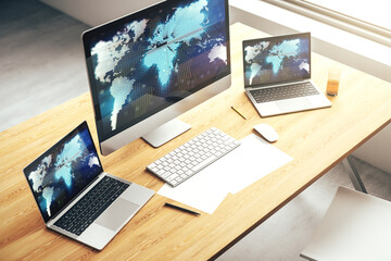 Fototapeta premium Computer monitor with abstract creative digital world map, globalization concept. 3D Rendering