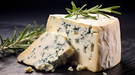 A slice of gorgonzola or dor blu cheese with a sprig of rosemary