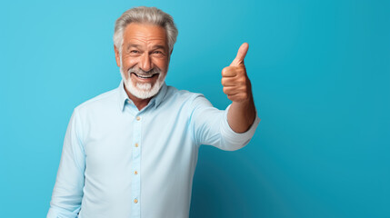 Naklejka premium Senior man standing over isolated blue background doing happy thumbs up gesture with hand.