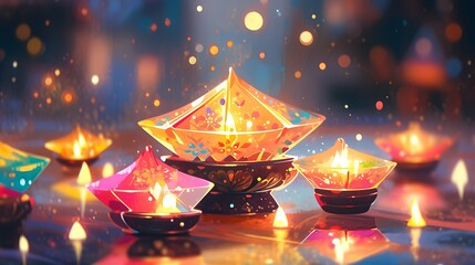 Diwali lights celebration background, hindu festival, india, diya lamp - obrazy, fototapety, plakaty