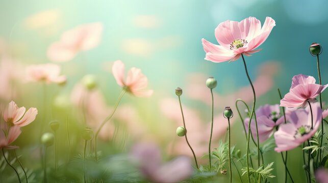 Beautiful pink flowers, fresh spring morning on nature and butterfly on soft green background. Spring, amazing artistic image, elegant