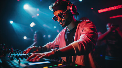 DJ plays during at nightclub during party.