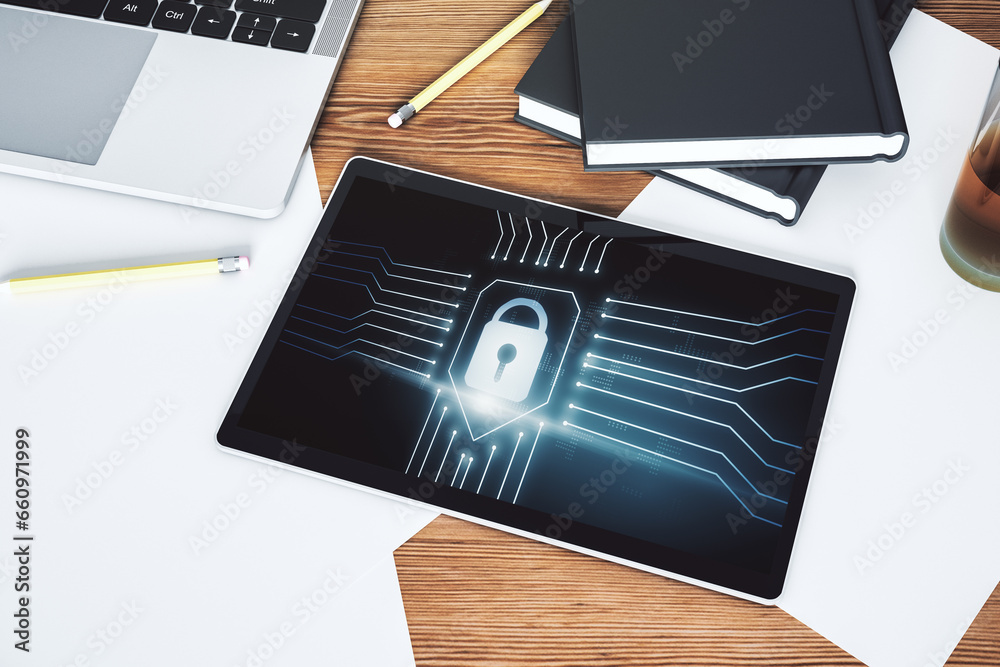 Leinwandbilder creative lock sketch with chip hologram on modern digital tablet screen, protection of personal data