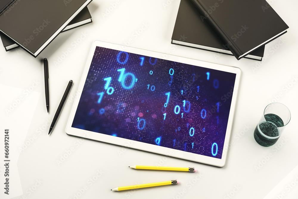 Aufkleber Creative abstract binary code sketch on modern digital tablet screen, hacking and matrix concept. Top view. 3D Rendering