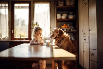 Teenage girl is preparing for breakfast at the kitchen table with a golden retriever dog in the kitchen. Cute baby and dog from home.