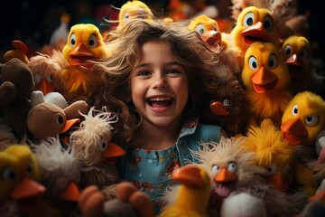 Stock photo that freezes in time the genuine laughter and playful interaction of children surrounded by their beloved toys, Generative AI 