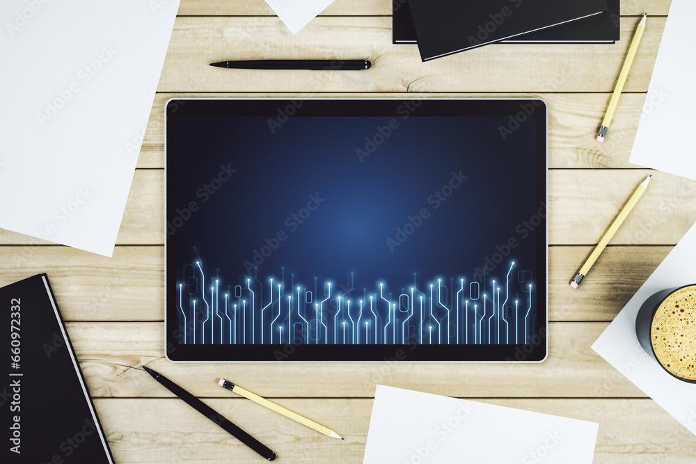 Aufkleber Creative abstract micro chip hologram on modern digital tablet display, artificial intelligence and machine learning concept. Top view. 3D Rendering