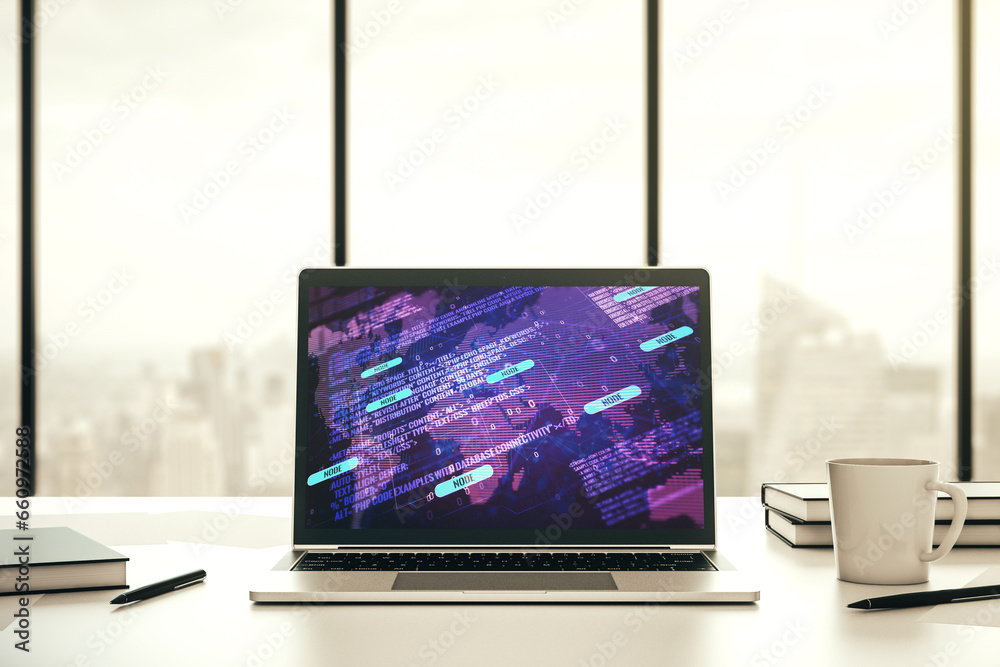 Poster modern computer display with abstract software development hologram and world map, global research a