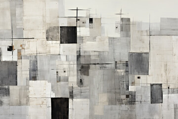 Modern art painting with square and linear elements in gray, black and white.