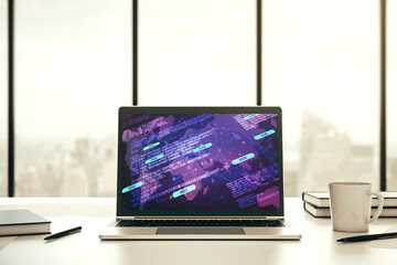 Modern computer display with abstract software development hologram and world map, global research and analytics concept. 3D Rendering