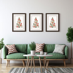 modern christmas themed room green living room with pastel green sofa and set of 3 blank christmas tree frames behind on the wall created with generative ai