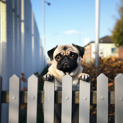 Pug dog, next to modern fence in city, cute animal