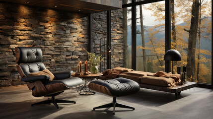 Lounge chair near the wild stone wall in the living room.