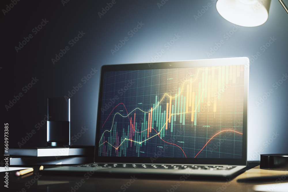 Poster abstract creative financial graph on modern laptop screen, forex and investment concept. 3d renderin