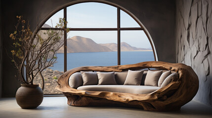 Fototapeta na wymiar Wooden designer sofa in luxurious living room.