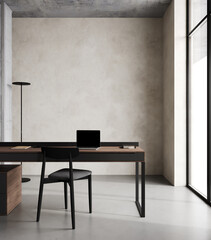 Modern minimalistic home office workplace with PC and black chair, 3d rendering
