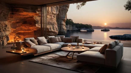 Rolgordijnen Luxurious terrace with beautiful view of the sea. © PIX OF WORLD AI