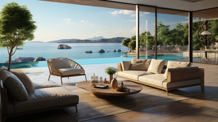 Obraz premium beach side luxury house interior with sea view.