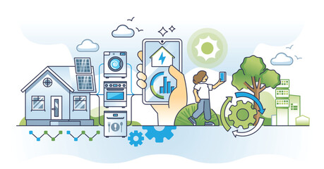 Home energy management with efficient modern IOT appliances outline concept. Control house electricity with smart app to save power resources vector illustration. Sustainable and ecological solution.