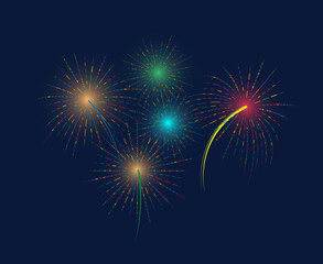 Exploding festive fireworks. Multicolored fireworks on a blue background. Colorful flat vector illustration