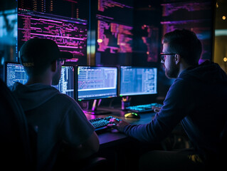 Intense Collaborative Effort: Two Software Engineers Debugging Complex Code on their Workstations, Profoundly Focused in a Dynamic Workspace