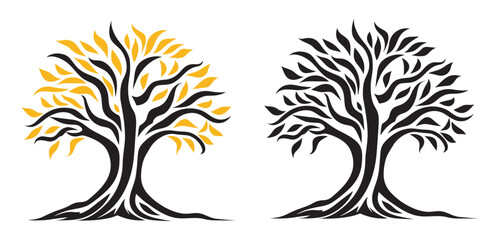 Obraz premium Abstract vibrant tree logo design, root vector, Tree logo, tree of life icon on white background, wall decor, wall art