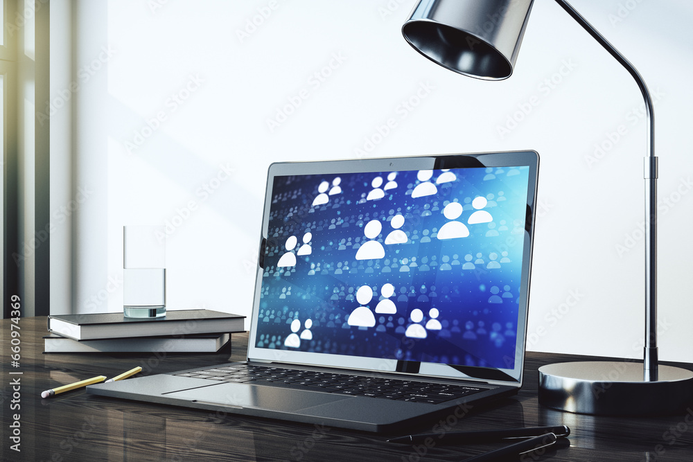 Poster modern computer screen with social network media concept. 3d rendering