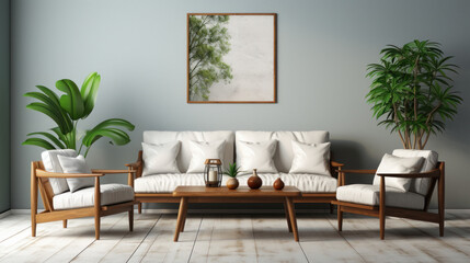 Great room interior with house plant and sofa