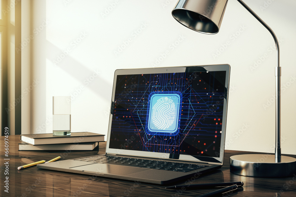 Poster abstract creative fingerprint concept on modern laptop screen. 3d rendering