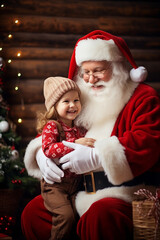 Fototapeta na wymiar Santa Claus carries a child sitting on a chair. New Year Festival