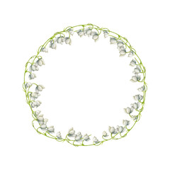 Watercolor frame and wreath with bouquets of lilies of the valley flowers isolated on white background. Spring hand painted illustration. For designers, wedding, decoration, postc