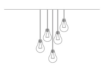  Continuous one line drawing of hanging lightbulbs on house ceiling rooftop. Poster for wall decor interior design. Isolated on white background vector illustration. Premium vector.