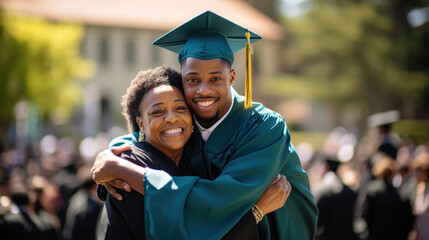 Happy smiling graduate hugs his parent after the graduation ceremony. - obrazy, fototapety, plakaty