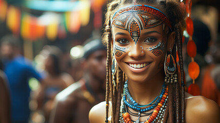 Vibrant portrait of proud African woman with tribal face paint at traditional market.