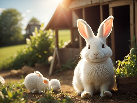 Rabbit on the farm and sunshine 