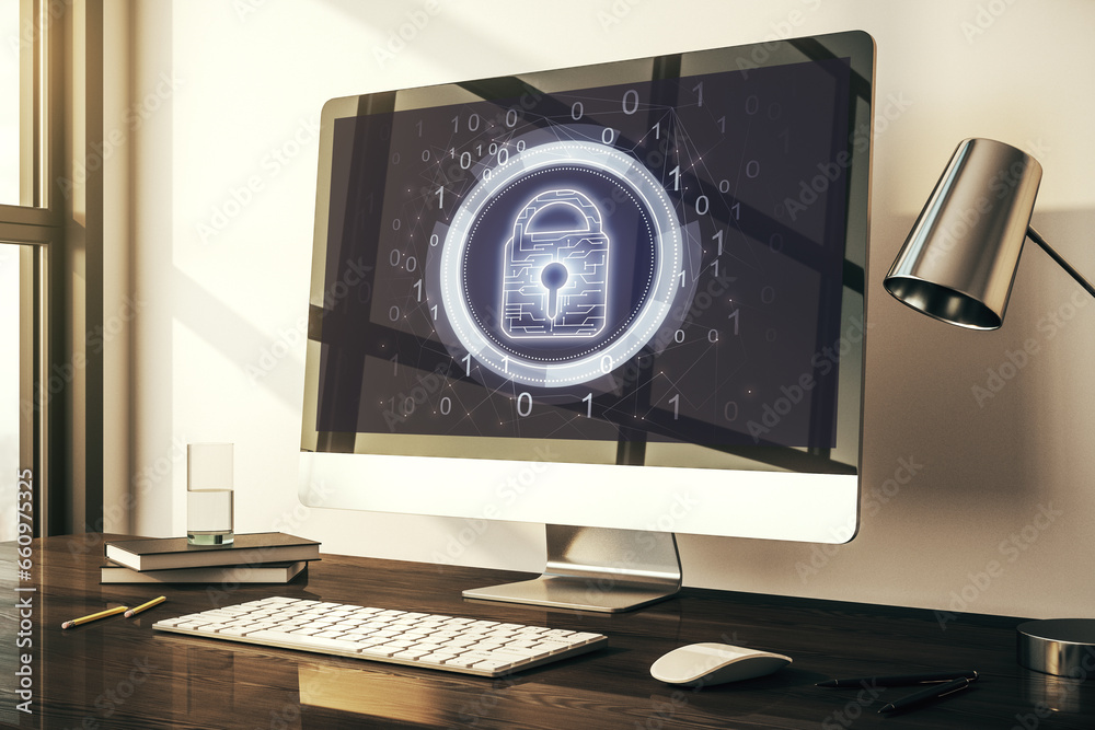 Poster Creative idea concept with lock symbol and microcircuit illustration on modern laptop screen. Protection and firewall concept. 3D Rendering