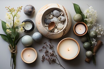 Peaceful spa setting with candles and stones, on a light grey background, creating a minimalist and calming ambiance, Generative AI 