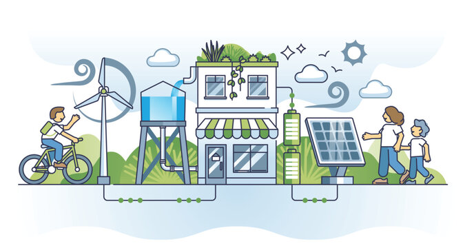 Green energy initiatives as sustainable household power usage outline concept. Nature friendly renewable resources for home electricity with storage batteries vector illustration. Save clean water.