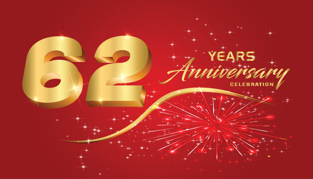 Celebrate the 62th anniversary with gold 3D letters, gold ribbons on a red background.