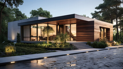 A luxurious house with a small beautiful garden.