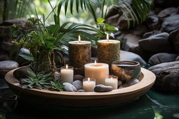 Serene spa setting with candles and stones, embodying the essence of minimalism, against a tropical background, Generative AI